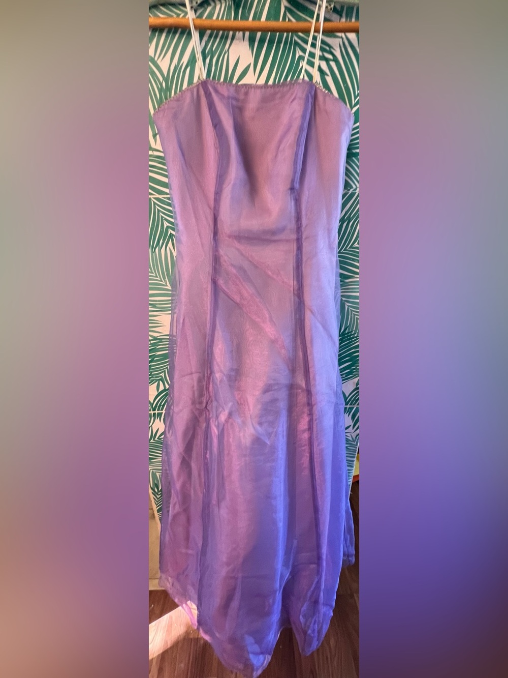 Vintage Y2K Jump Lavender Shimmer Strapless Formal Dress w/ rhinestone strim 5/6